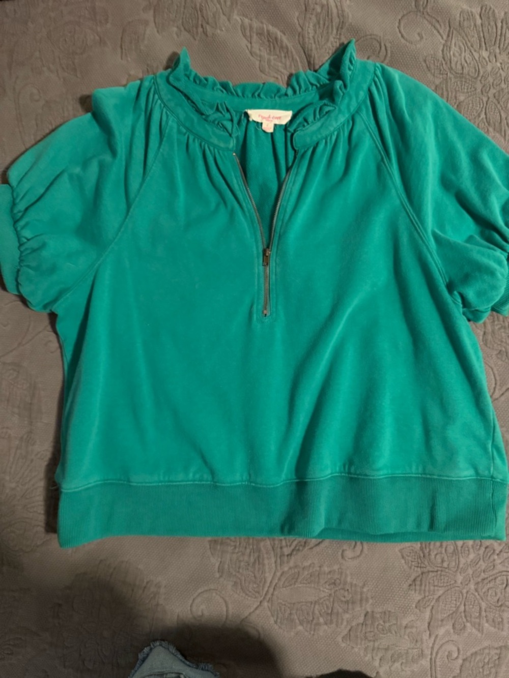 Peach Love California Green Half-Zip Ruffle Collar Sweatshirt